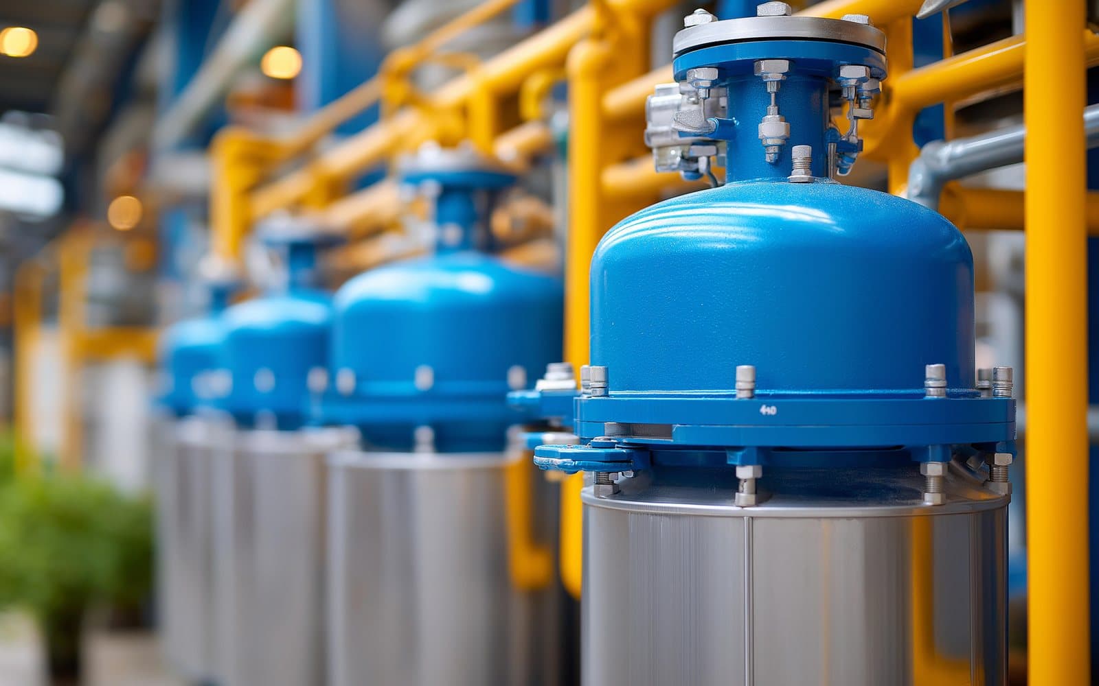 Blue process tanks with bolted flanges and yellow piping in a pulp and paper plant